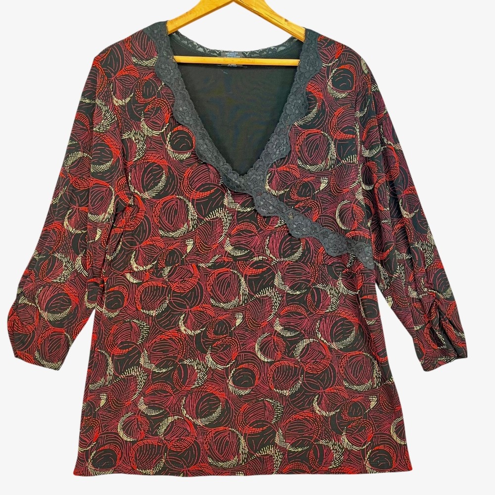 West End Abstract Circle Print Lace Trim V-Neck Blouse Made‎ in Mexico L